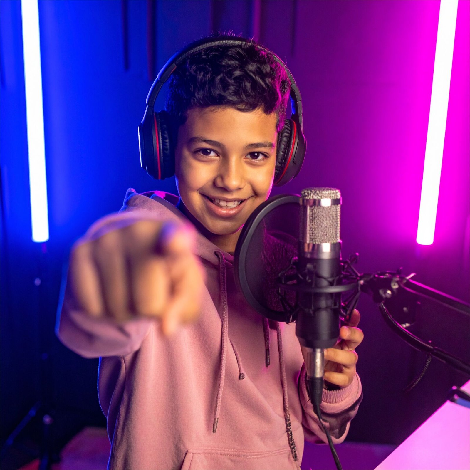 Firefly_A realistic photo of a confident child (around 11 years old) in a modern recording st 930170